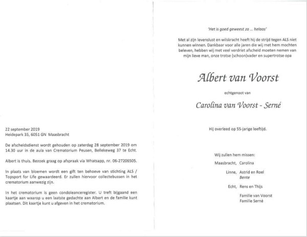 Rouwkaart Albert van Voorst - binnenkant