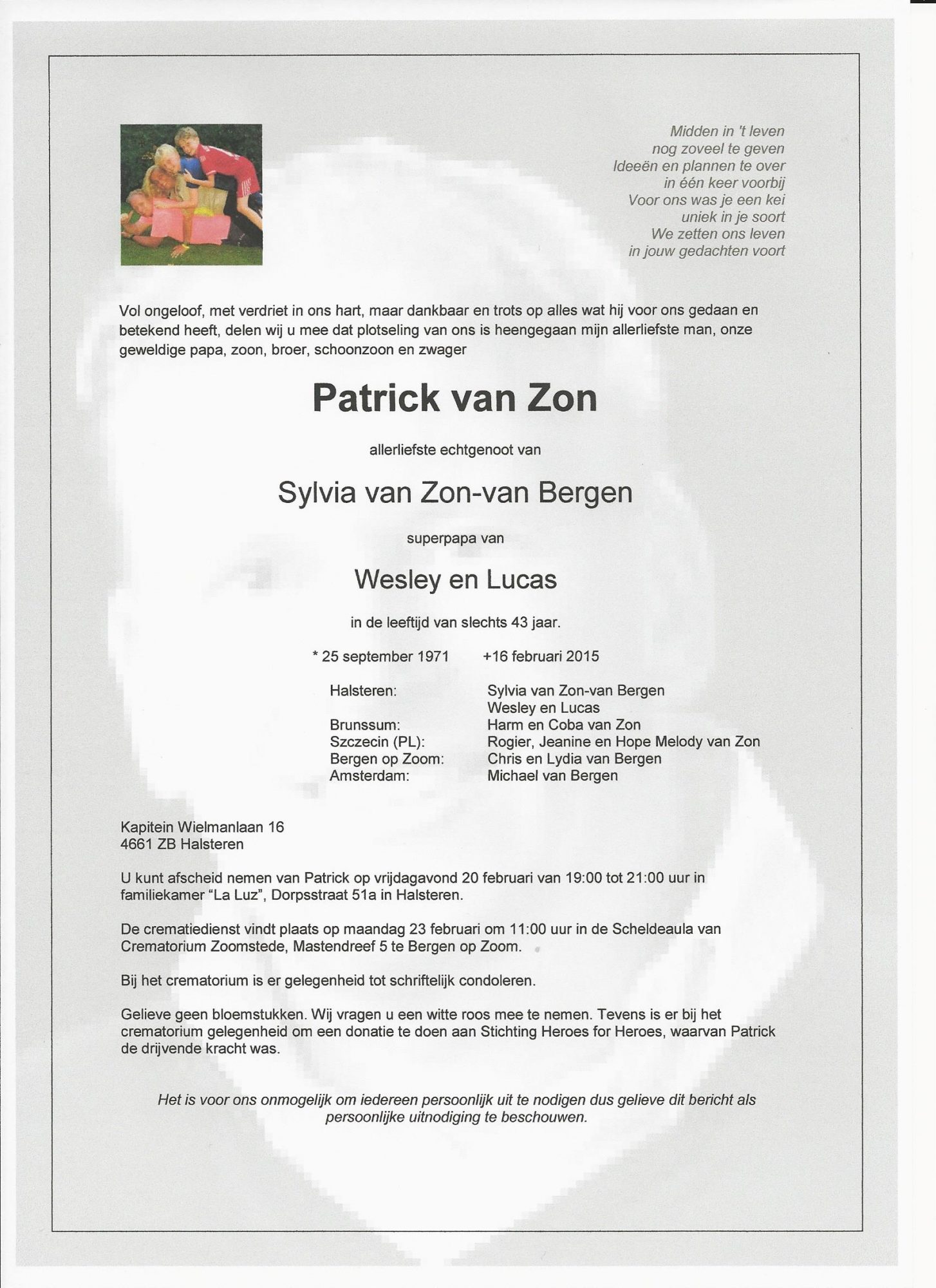 Rouwkaart Patrick van Zon