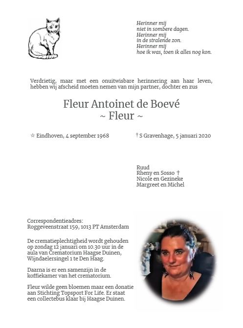 Topsport for Life - Rouwkaart Fleur de Boevé